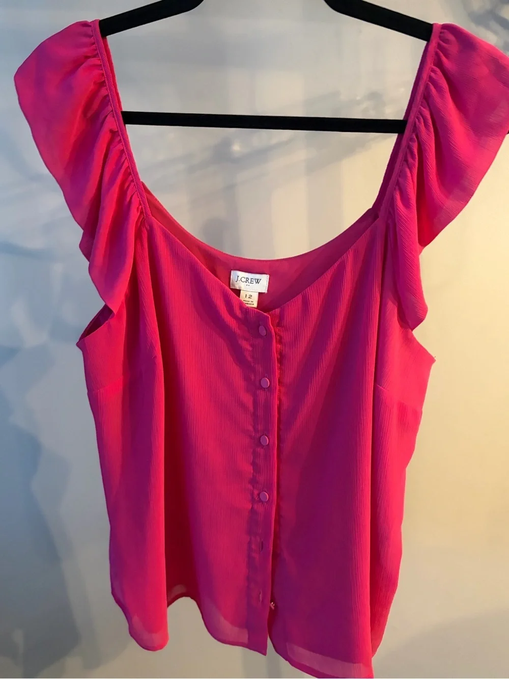 J. Crew Hot Pink Ruffle-Sleeve Button-Front Camisole size 12 / large